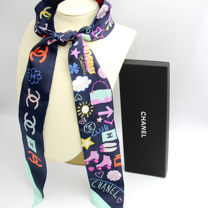 CHANEL 100% Silk Twilly CC Mark Scarf in Navy Blue-13
