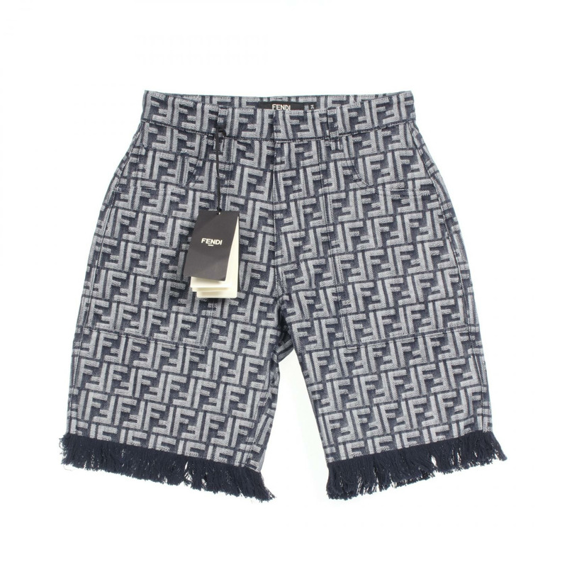 FENDI Zucca 牛仔流蘇下擺短褲 FLP307 棉質海軍藍灰色 #30 二手男款-0