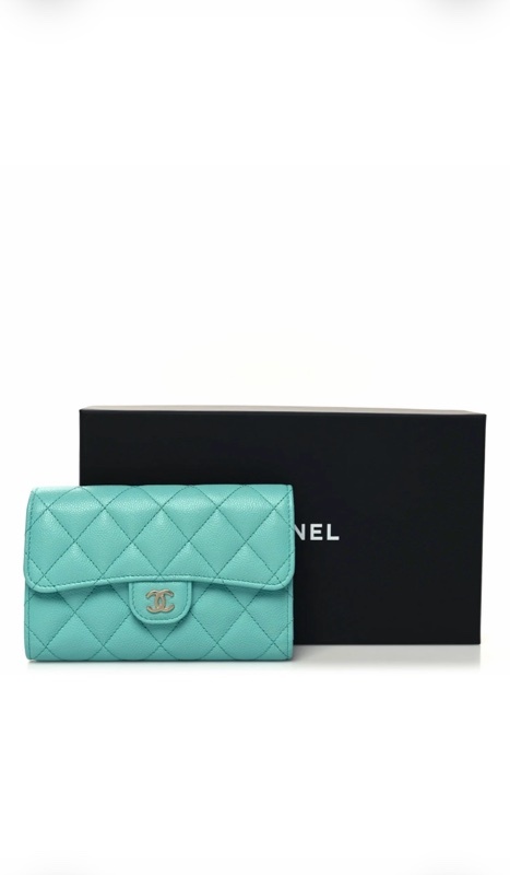 CHANEL中型翻蓋皮夾 綠松石色 Caviar Quilted Medium Flap Wallet Turquoise
