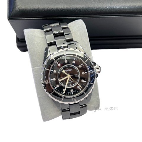 CHANEL 38MM12點鑽黑色陶瓷錶 H5702-1