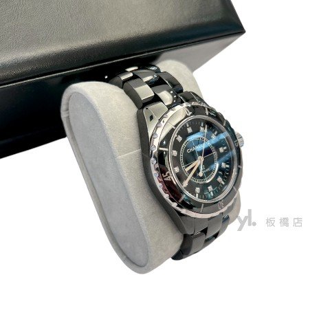 CHANEL 38MM12點鑽黑色陶瓷錶 H5702-3