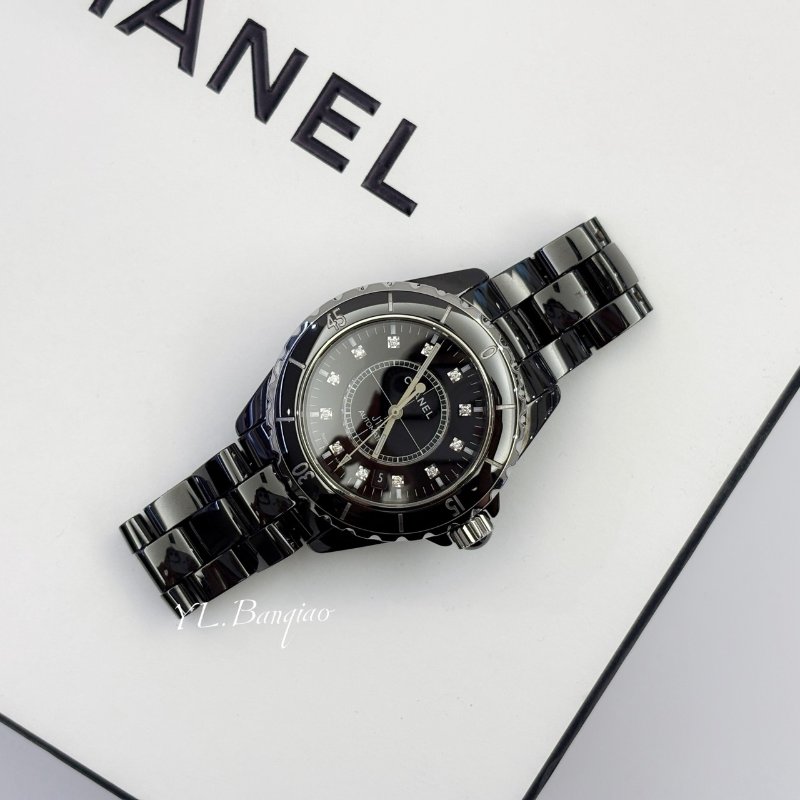 CHANEL 38MM12點鑽黑色陶瓷錶 H5702-0