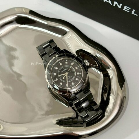 CHANEL 38MM12點鑽黑色陶瓷錶 H5702