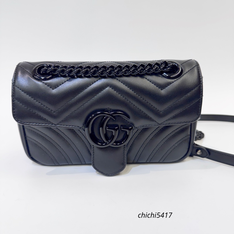 Gucci Mini Marmont 22 黑牛皮黑釦馬夢斜背包 近全新-0