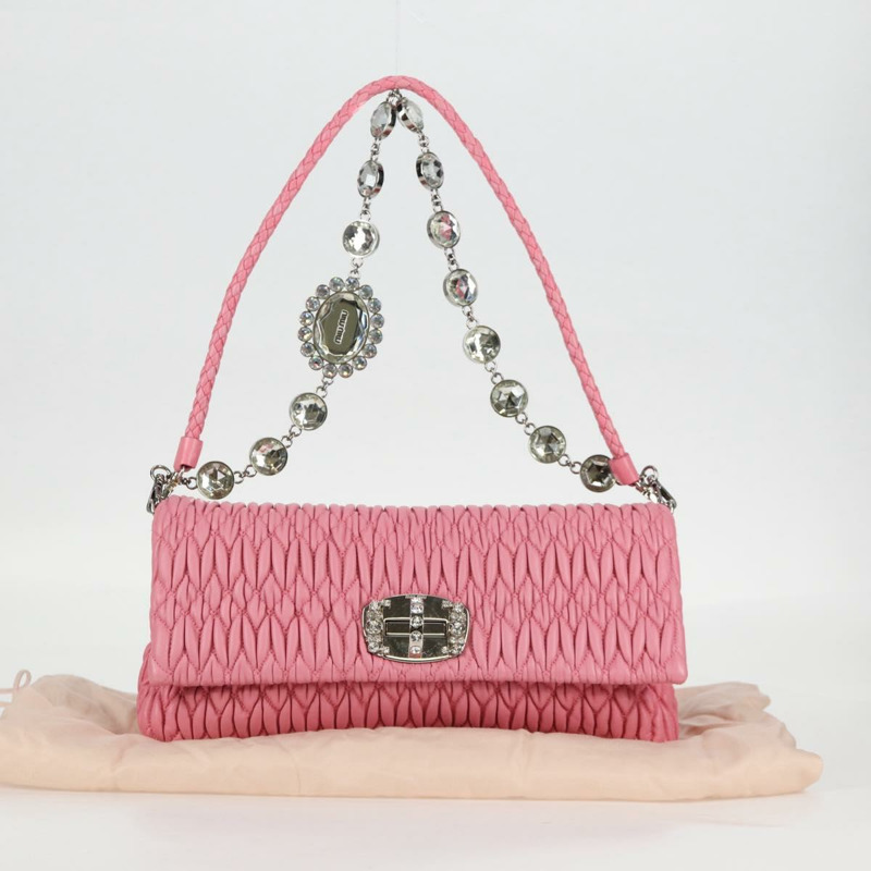 【日本直送】Miu Miu Matelasse 手提包 皮革 粉紅色 銀色 正品 PP611V-11
