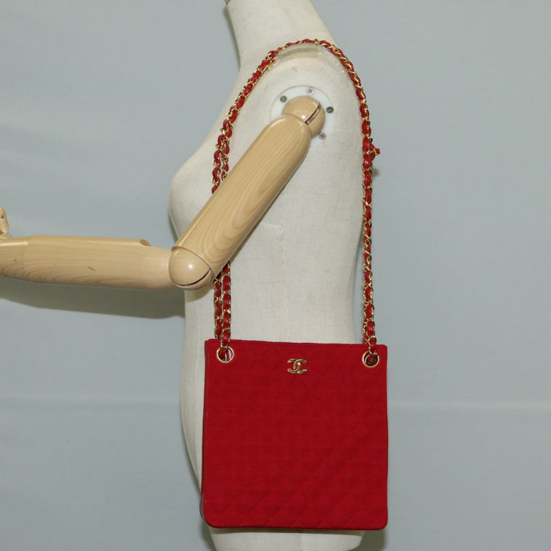 【日本直送】香奈兒 (CHANEL) 絎縫鏈條單肩包 棉質 紅金色 CC 正品 126492V-24