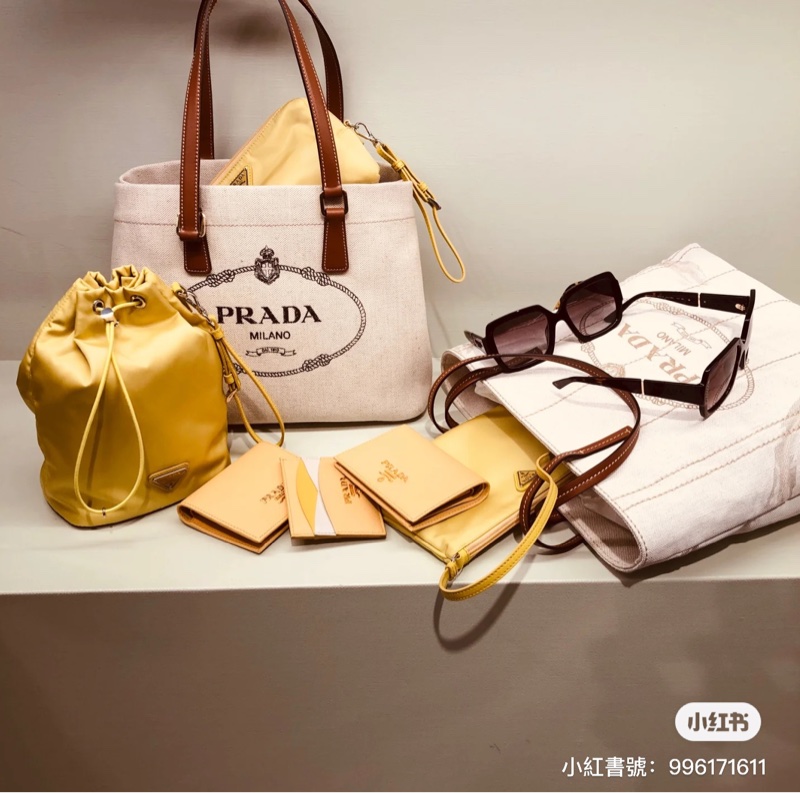 PRADA 普拉達黑字 LOGO 亞麻混紡帆布手提肩背包（米白×駝）-3