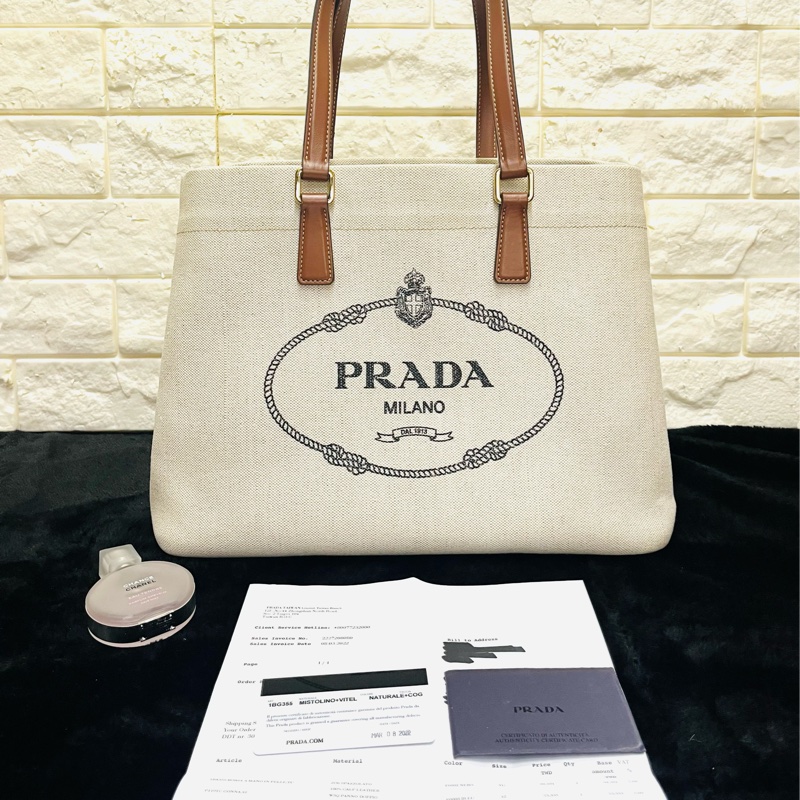PRADA 普拉達黑字 LOGO 亞麻混紡帆布手提肩背包（米白×駝）-4