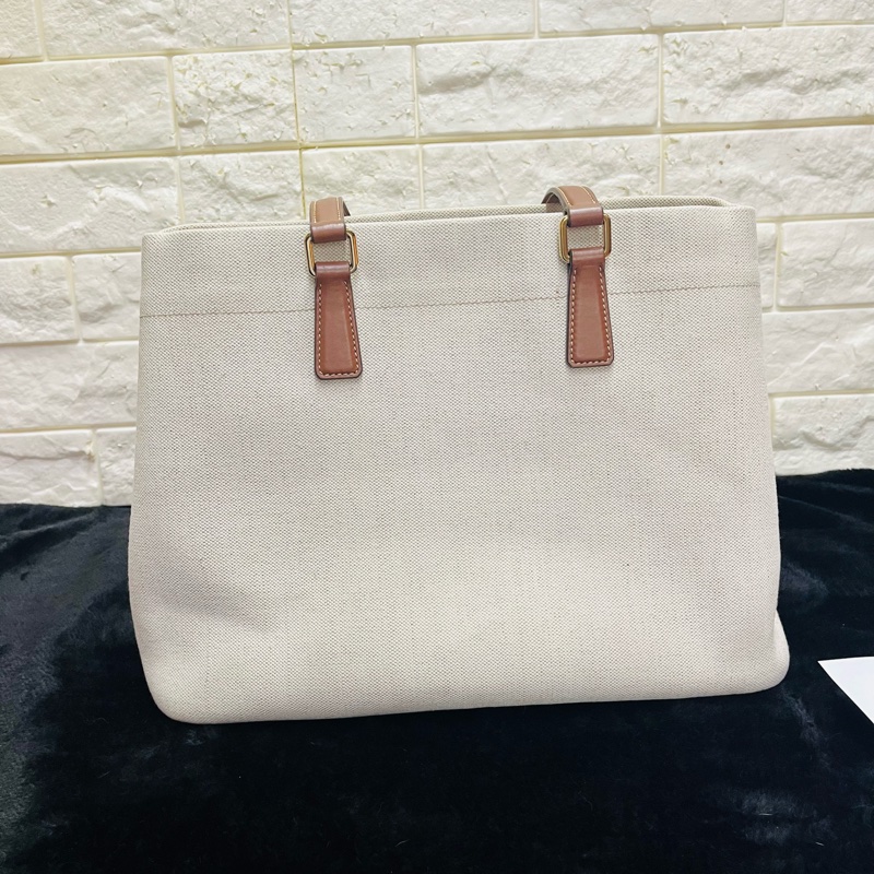 PRADA 普拉達黑字 LOGO 亞麻混紡帆布手提肩背包（米白×駝）-8