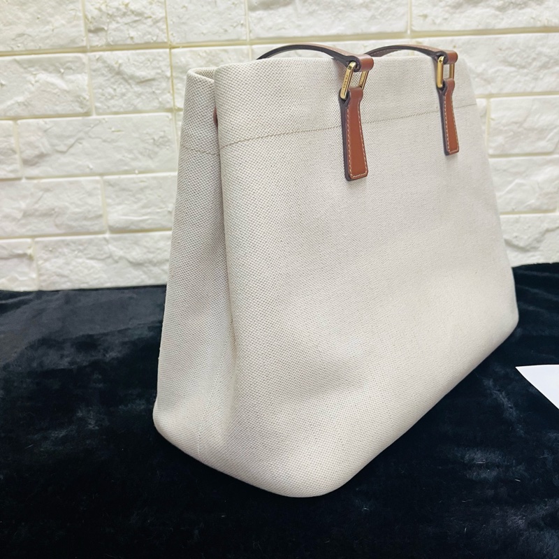 PRADA 普拉達黑字 LOGO 亞麻混紡帆布手提肩背包（米白×駝）-9