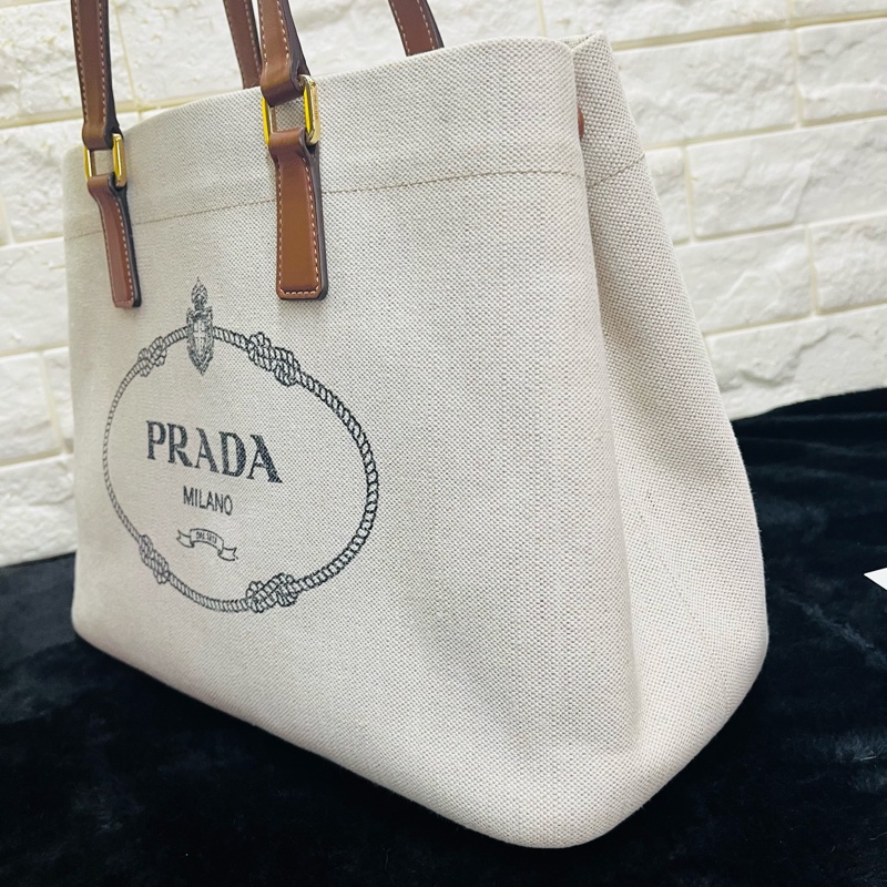 PRADA 普拉達黑字 LOGO 亞麻混紡帆布手提肩背包（米白×駝）-10