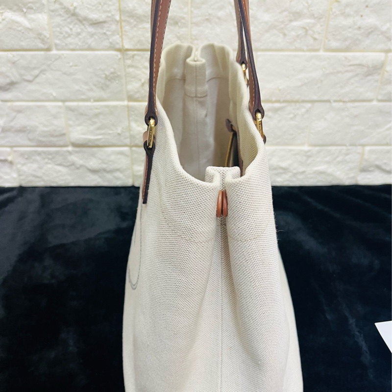 PRADA 普拉達黑字 LOGO 亞麻混紡帆布手提肩背包（米白×駝）-11
