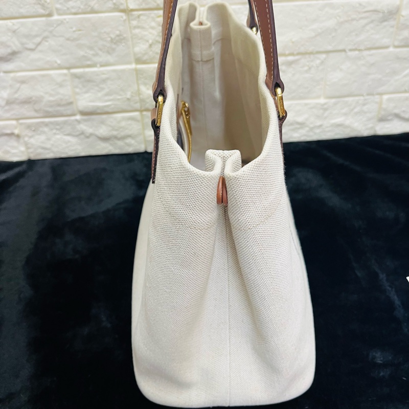 PRADA 普拉達黑字 LOGO 亞麻混紡帆布手提肩背包（米白×駝）-12