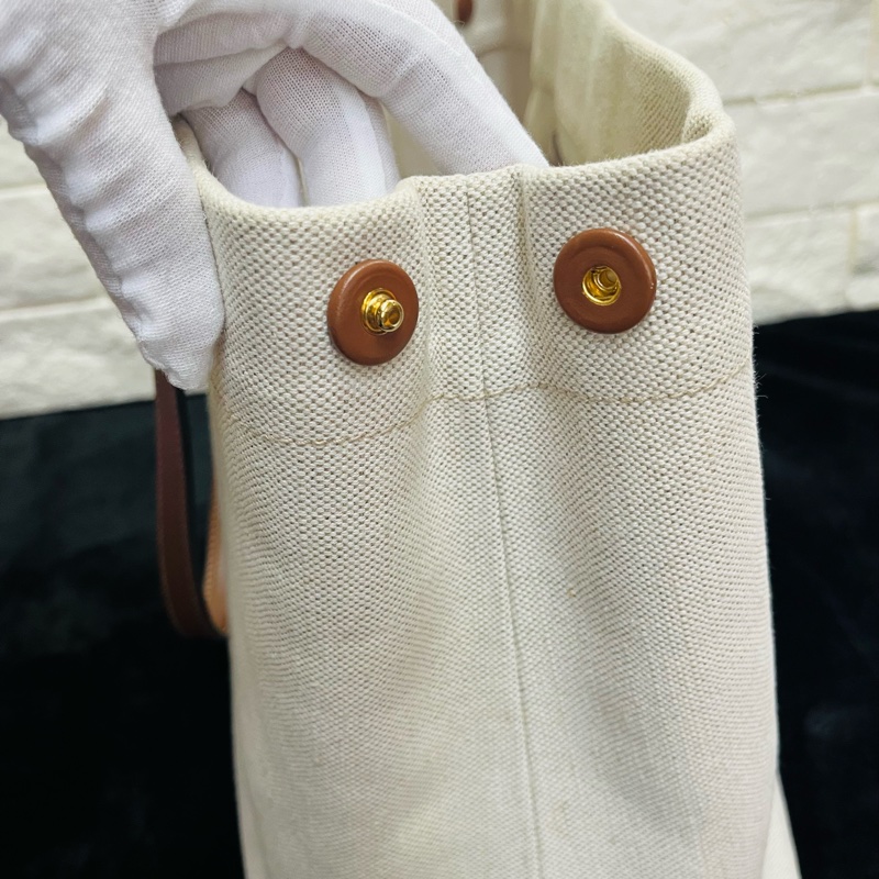 PRADA 普拉達黑字 LOGO 亞麻混紡帆布手提肩背包（米白×駝）-14