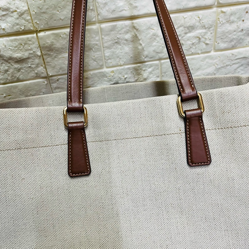 PRADA 普拉達黑字 LOGO 亞麻混紡帆布手提肩背包（米白×駝）-15