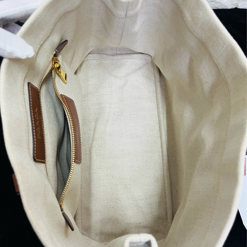 PRADA 普拉達黑字 LOGO 亞麻混紡帆布手提肩背包（米白×駝）-17