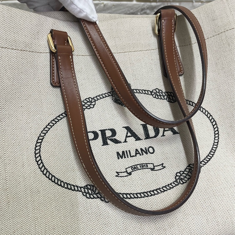 PRADA 普拉達黑字 LOGO 亞麻混紡帆布手提肩背包（米白×駝）-24