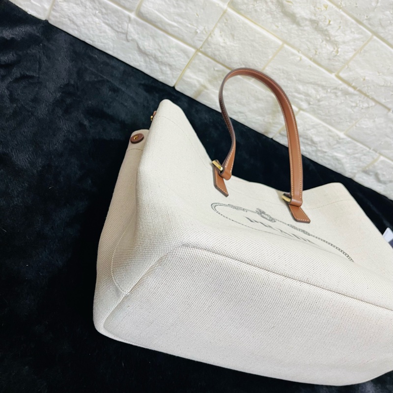 PRADA 普拉達黑字 LOGO 亞麻混紡帆布手提肩背包（米白×駝）-26