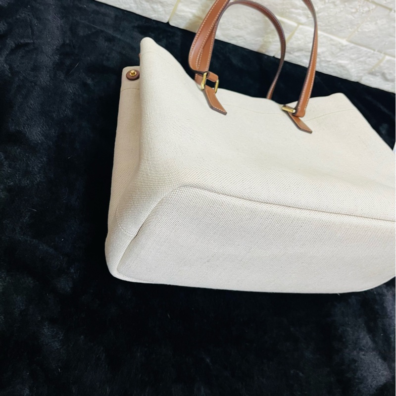 PRADA 普拉達黑字 LOGO 亞麻混紡帆布手提肩背包（米白×駝）-28