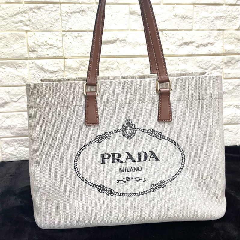PRADA 普拉達黑字 LOGO 亞麻混紡帆布手提肩背包（米白×駝）-29