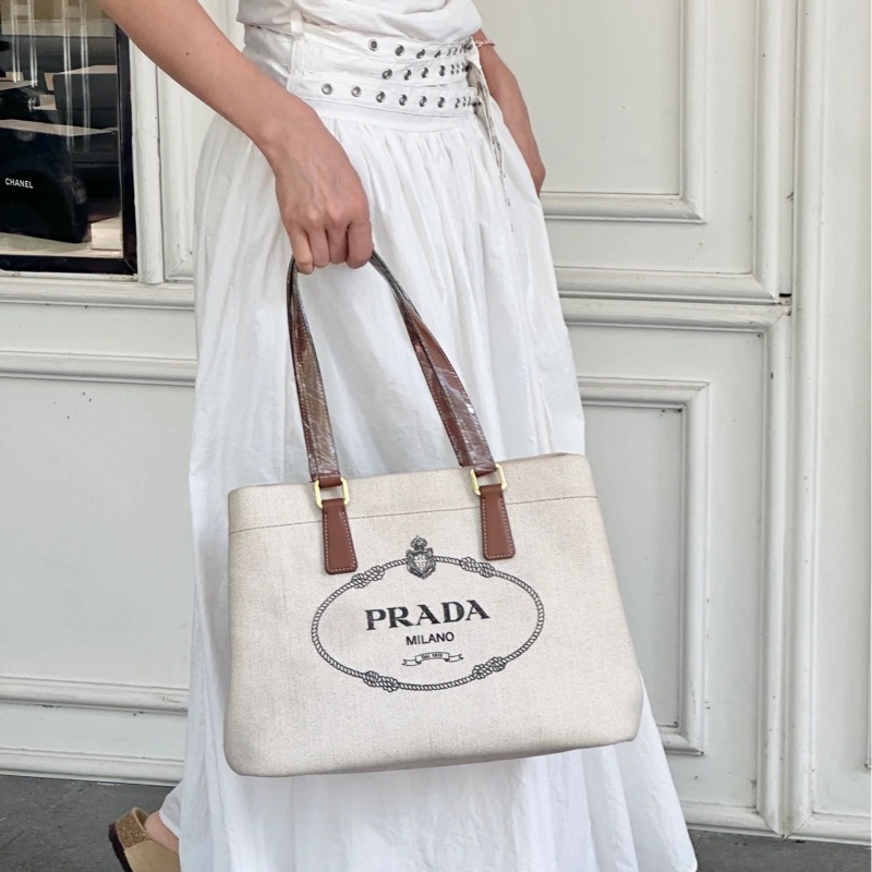 PRADA 普拉達黑字 LOGO 亞麻混紡帆布手提肩背包（米白×駝）-33