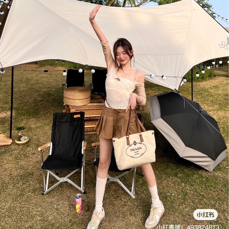 PRADA 普拉達黑字 LOGO 亞麻混紡帆布手提肩背包（米白×駝）-34