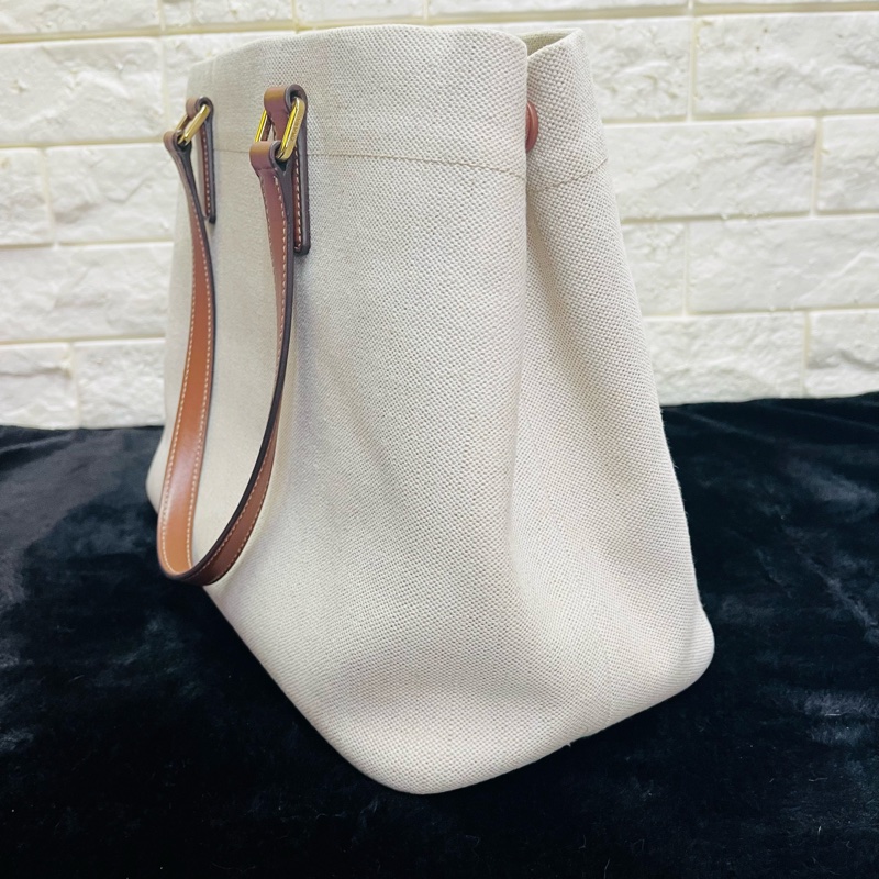 PRADA 普拉達黑字 LOGO 亞麻混紡帆布手提肩背包（米白×駝）-36