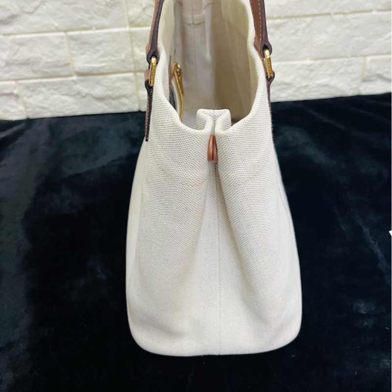 PRADA 普拉達黑字 LOGO 亞麻混紡帆布手提肩背包（米白×駝）-41