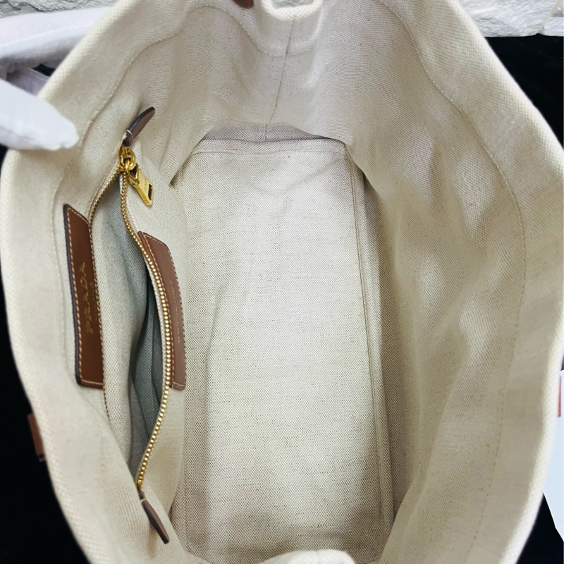 PRADA 普拉達黑字 LOGO 亞麻混紡帆布手提肩背包（米白×駝）-42