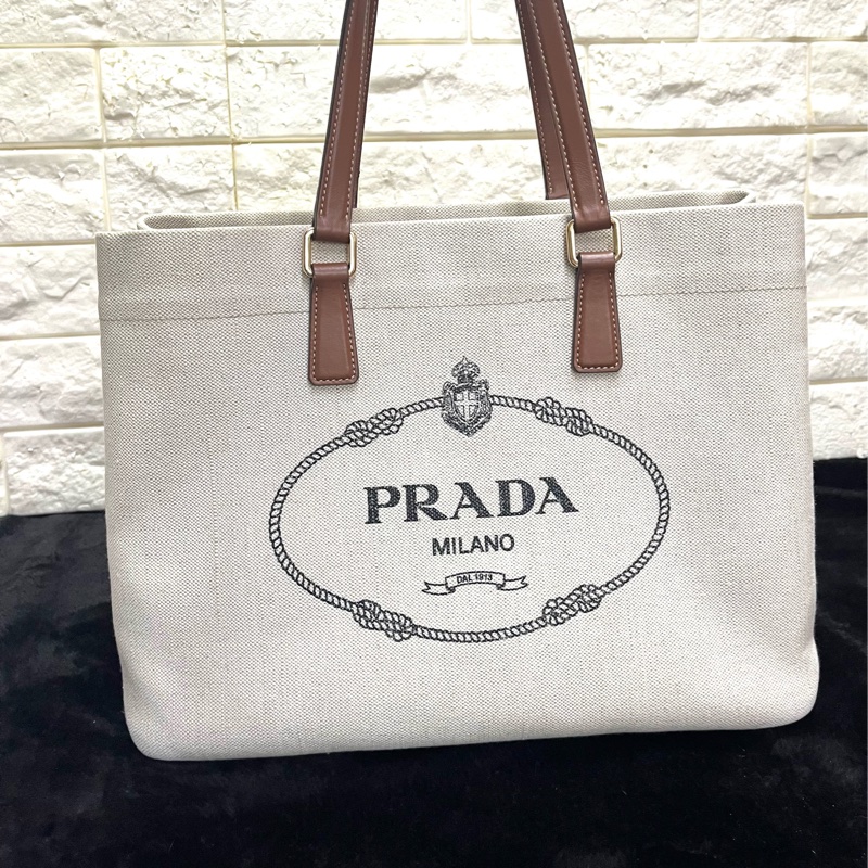 PRADA 普拉達黑字 LOGO 亞麻混紡帆布手提肩背包（米白×駝）-44