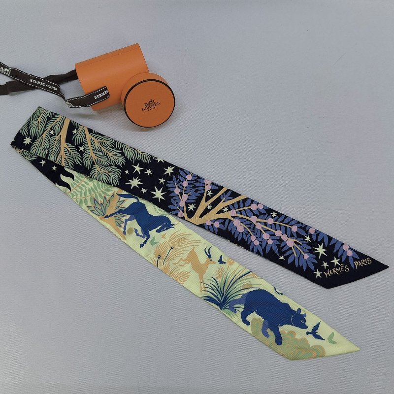 HERMES 全新Twilly瑪雅叢林絲巾-0