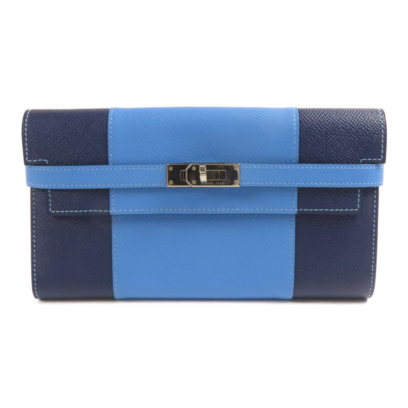 HERMES Epsom皮革Kelly Wallet銀扣長錢包Colvert Blue/Blue Nuit-0
