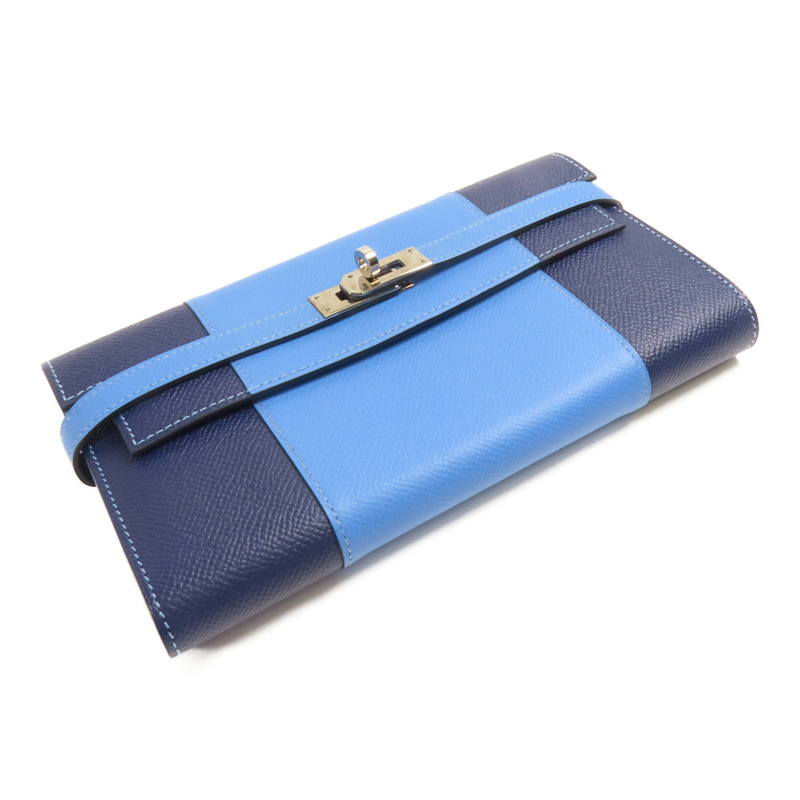 HERMES Epsom皮革Kelly Wallet銀扣長錢包Colvert Blue/Blue Nuit-3