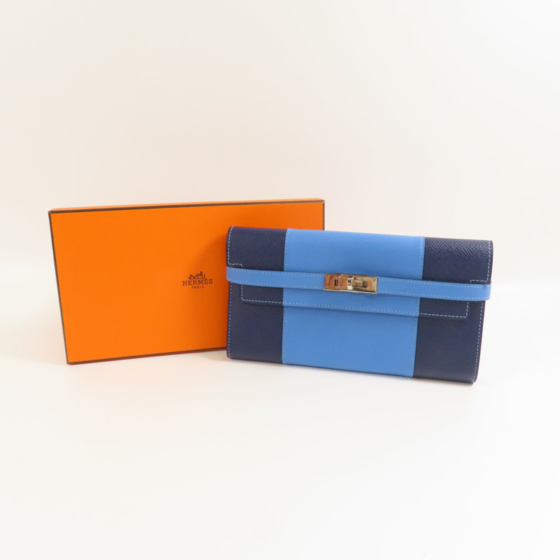HERMES Epsom皮革Kelly Wallet銀扣長錢包Colvert Blue/Blue Nuit-16