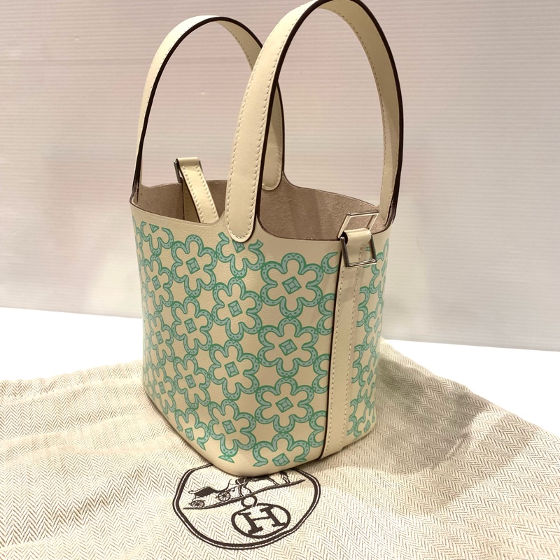 Hermes 14綠色印花菜籃子 U刻-1