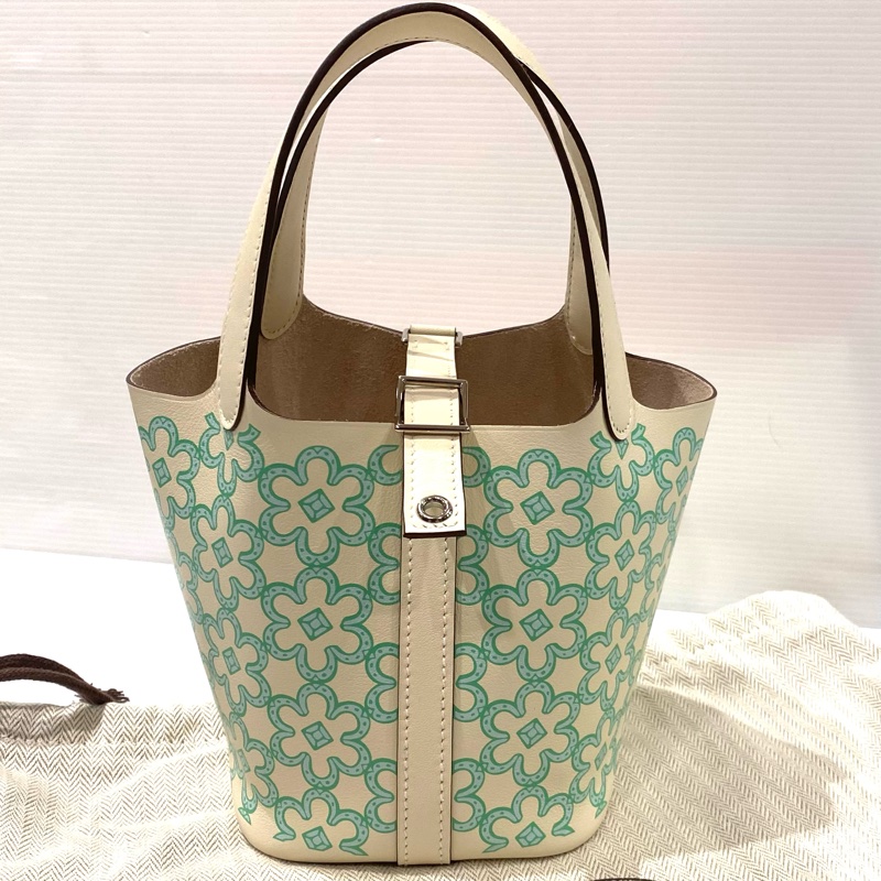 Hermes 14綠色印花菜籃子 U刻-8