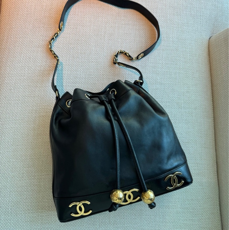 CHANEL 香奈兒 vintage 黑金 金球 子母包 水桶包 肩背包 斜背包 側背包 手提包-0