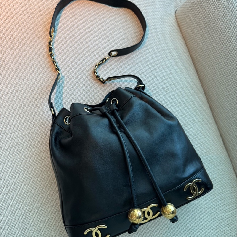 CHANEL 香奈兒 vintage 黑金 金球 子母包 水桶包 肩背包 斜背包 側背包 手提包-1