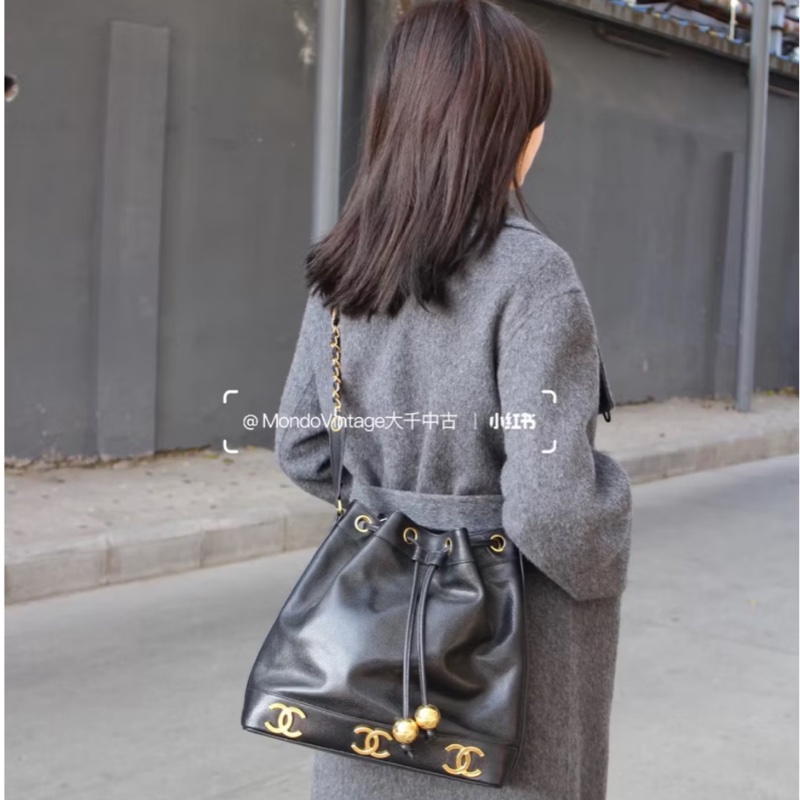 CHANEL 香奈兒 vintage 黑金 金球 子母包 水桶包 肩背包 斜背包 側背包 手提包-5