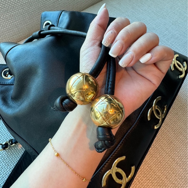 CHANEL 香奈兒 vintage 黑金 金球 子母包 水桶包 肩背包 斜背包 側背包 手提包-16