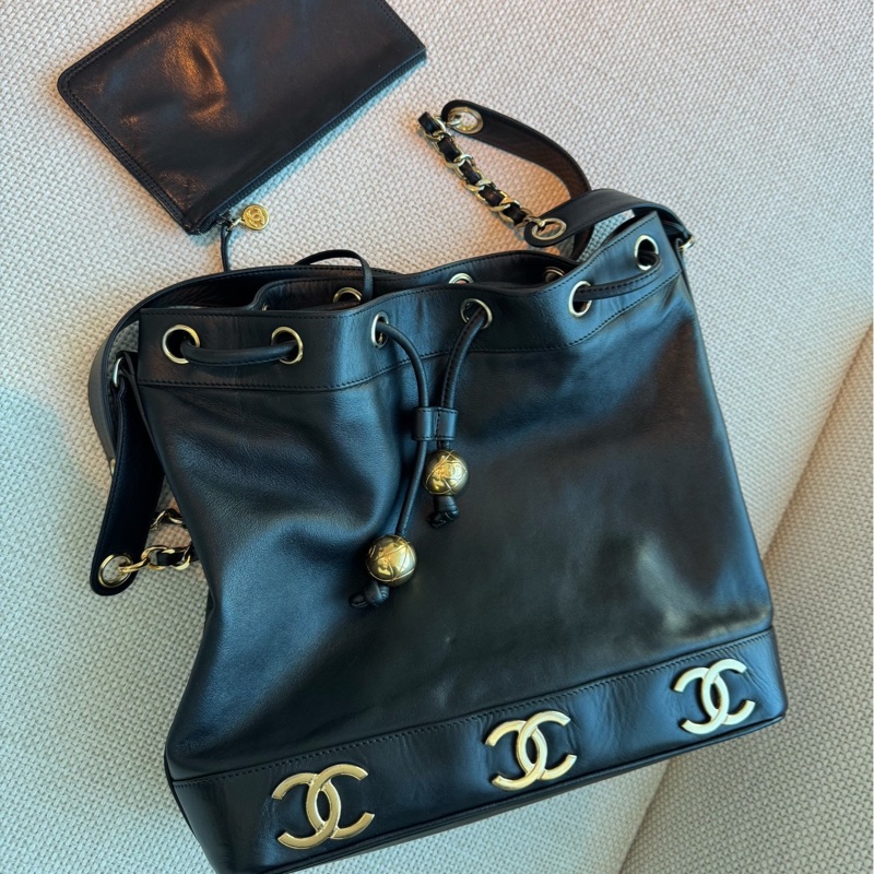 CHANEL 香奈兒 vintage 黑金 金球 子母包 水桶包 肩背包 斜背包 側背包 手提包-19