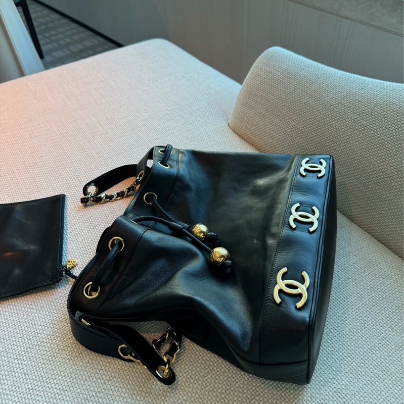 CHANEL 香奈兒 vintage 黑金 金球 子母包 水桶包 肩背包 斜背包 側背包 手提包-20