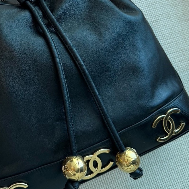 CHANEL 香奈兒 vintage 黑金 金球 子母包 水桶包 肩背包 斜背包 側背包 手提包-23