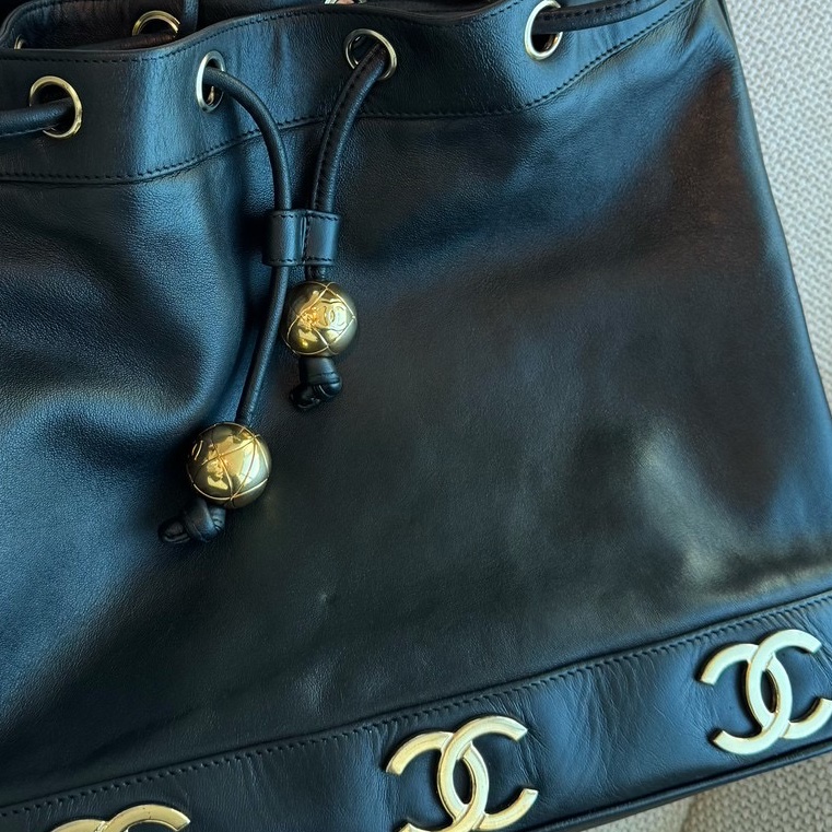 CHANEL 香奈兒 vintage 黑金 金球 子母包 水桶包 肩背包 斜背包 側背包 手提包-29