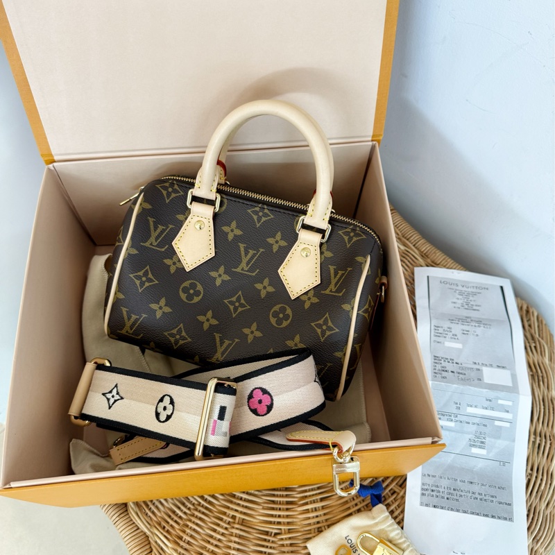 全新LV 老花Speedy Bandoulière 20黑拚色帆布寬揹帶波士頓包M46234-1
