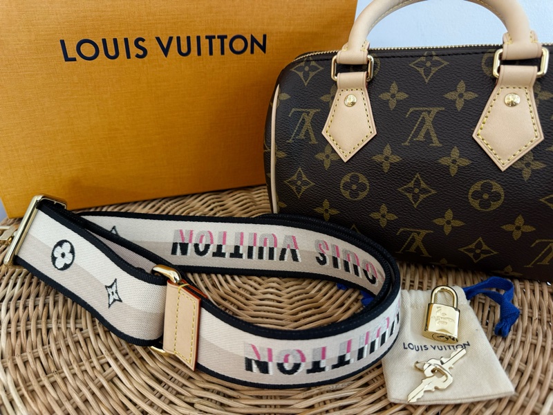 全新LV 老花Speedy Bandoulière 20黑拚色帆布寬揹帶波士頓包M46234-2