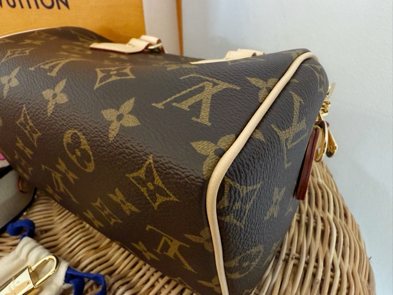 全新LV 老花Speedy Bandoulière 20黑拚色帆布寬揹帶波士頓包M46234-4