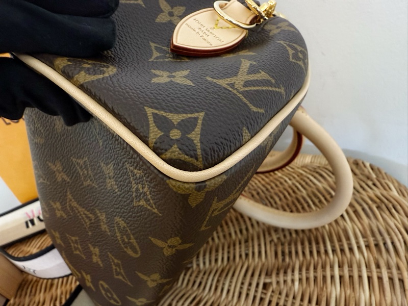 全新LV 老花Speedy Bandoulière 20黑拚色帆布寬揹帶波士頓包M46234-5