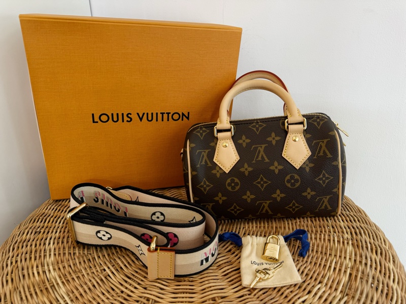 全新LV 老花Speedy Bandoulière 20黑拚色帆布寬揹帶波士頓包M46234-9