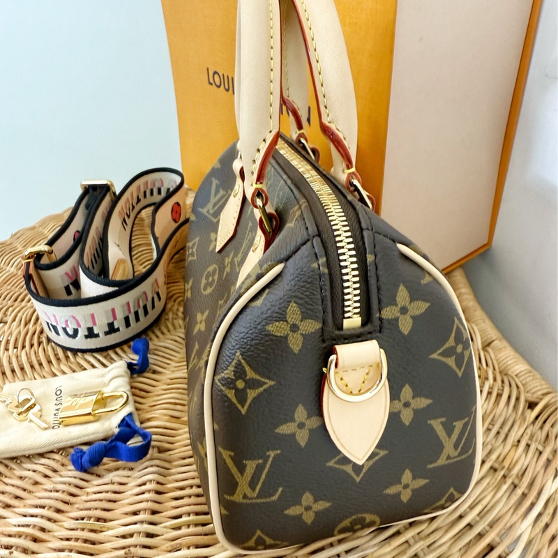 全新LV 老花Speedy Bandoulière 20黑拚色帆布寬揹帶波士頓包M46234-10